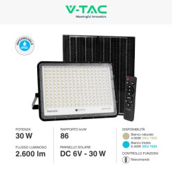 V-TAC VT-240W FARO LED FLOODLIGHT 30W IP65 COLORE NERO CON PANNELLO SOLARE E TELECOMANDO