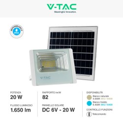 V-TAC VT-60W FARO LED FLOODLIGHT 20W IP65 COLORE BIANCO CON PANNELLO SOLARE E TELECOMANDO