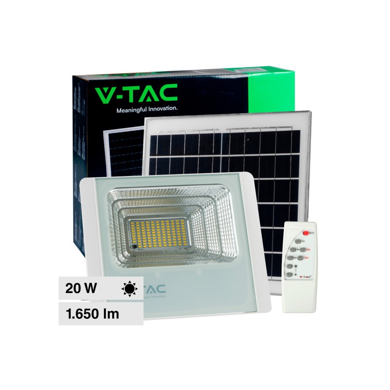 V-TAC VT-60W FARO LED FLOODLIGHT 20W IP65 COLORE BIANCO CON PANNELLO SOLARE E TELECOMANDO