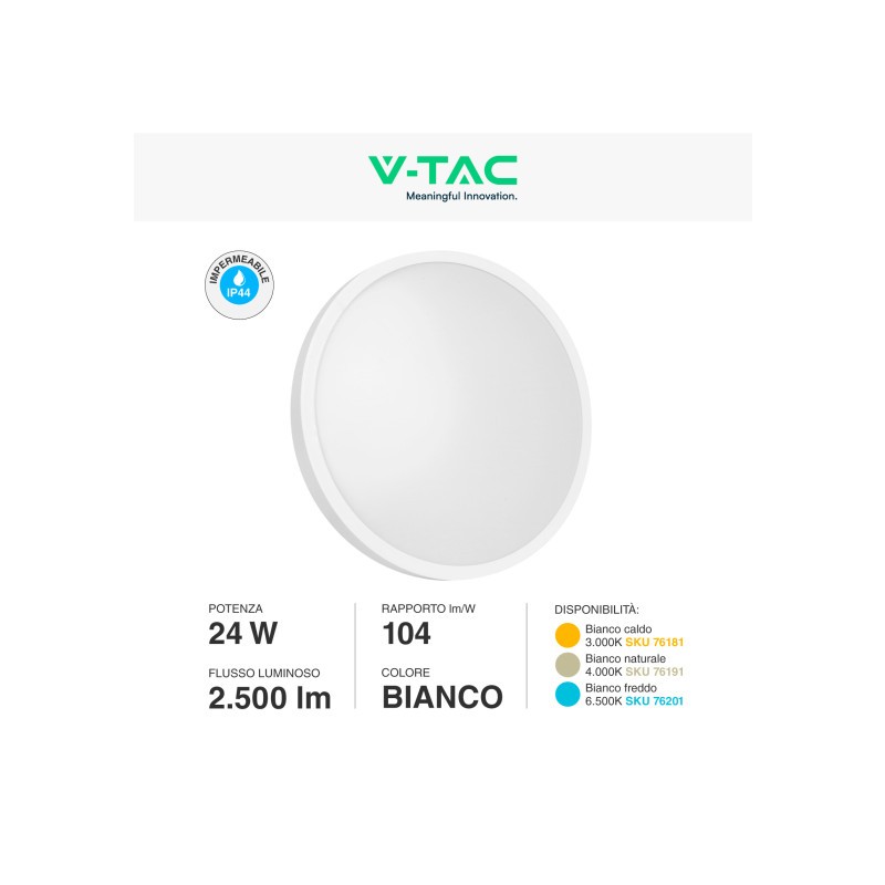 V-TAC VT-8624 PLAFONIERA LED ROTONDA 24W SMD IP44 COLORE BIANCO