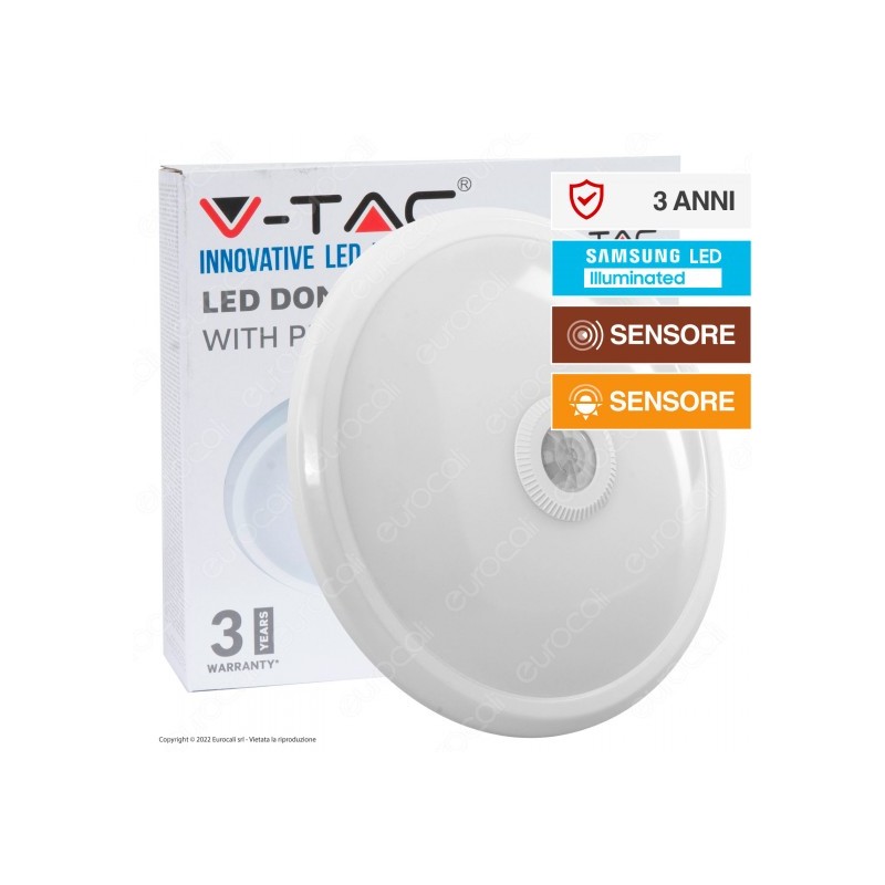 V-TAC PRO VT-13 PLAFONIERA LED DOME LIGHT 12W SMD CHIP SAMSUNG CON SENSORE PIR DI MOVIMENTO E CREPUSCOLARE