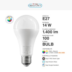 V-TAC SMART VT-5142 LAMPADINA LED WI-FI E27 14W BULB A65 GOCCIA RGB+W CHANGING COLOR CCT