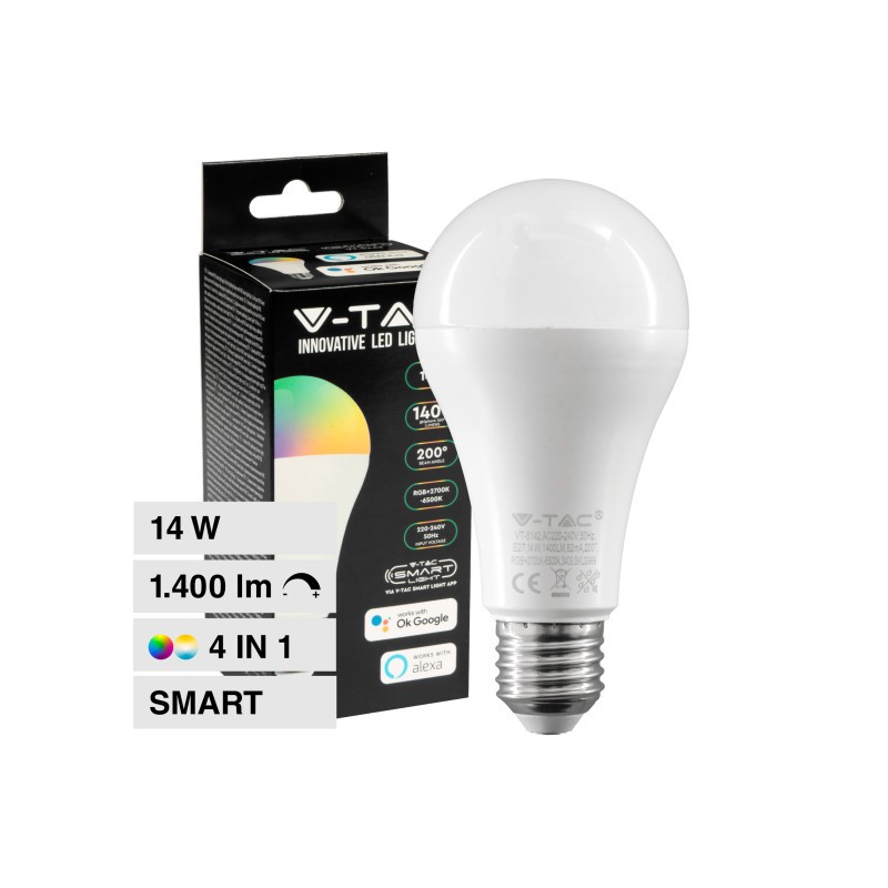 V-TAC SMART VT-5142 LAMPADINA LED WI-FI E27 14W BULB A65 GOCCIA RGB+W CHANGING COLOR CCT