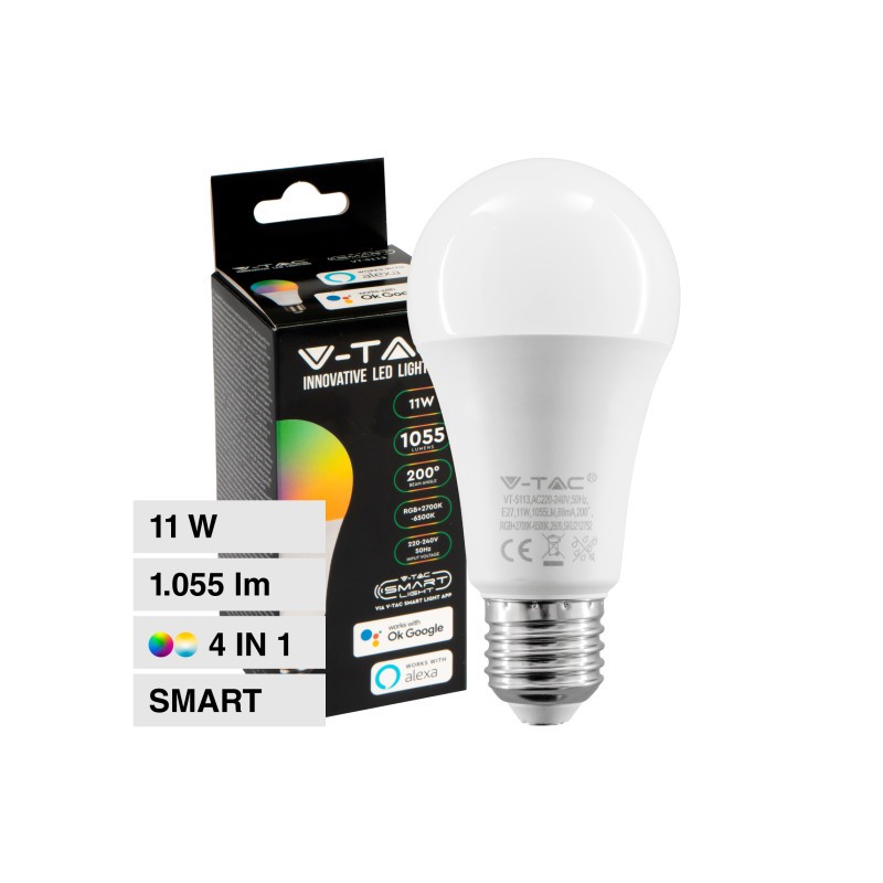 V-TAC SMART VT-5113 LAMPADINA LED WI-FI E27 11W BULB A60 GOCCIA RGB+W CHANGING COLOR CCT DIMMERABILE
