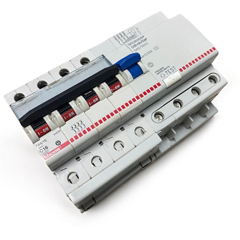 Interruttore magnetotermico differenziale, BTicino F84/16 C16 4 poli CON SALVAVITA G43/32AC